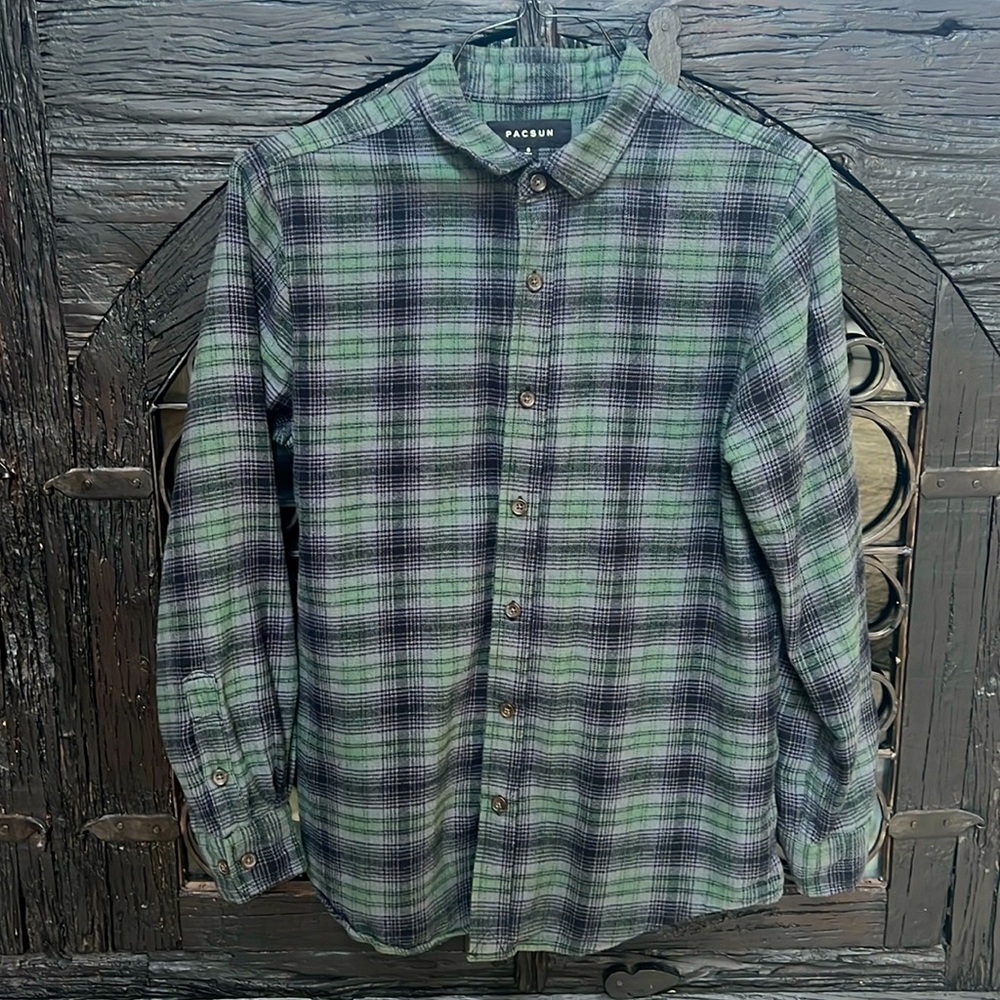 Men’s PacSun Tartan Flannel Casual Button Up Shirt Size Small Green Black Grey